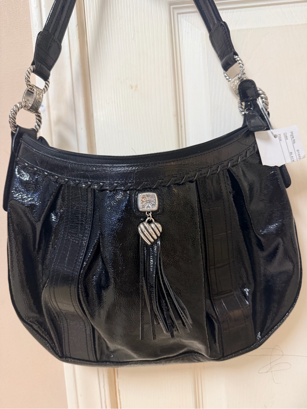 Glossy Black Patent Shoulder Bag with Silver-Tone Hardware